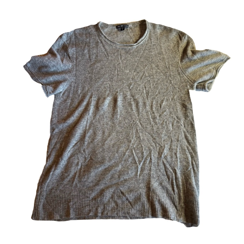 Women's James Perse Cashmere Short Sleeve Sweater, Gray, Size L, Small Hole